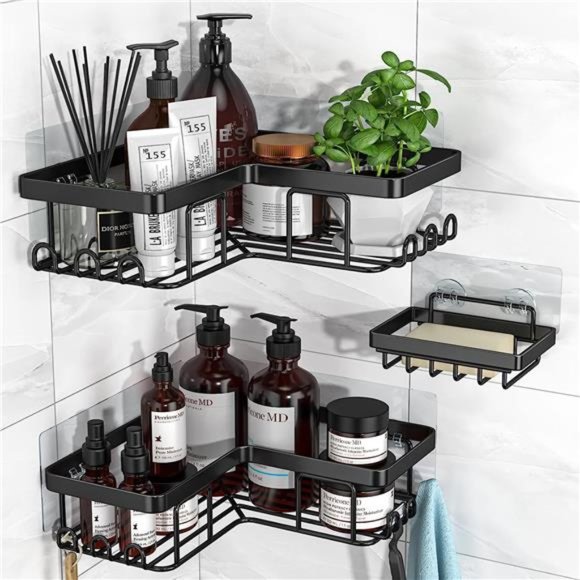 Corner Shower Caddy, 3-Pack Adhesive Shower Caddy with Soap Holder and 12 Hooks - Picture 1 of 6